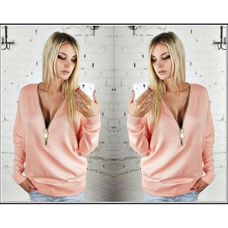 Damen Sweatshirt mit Reißverschluss und großzügigem V-Ausschnitt Drune