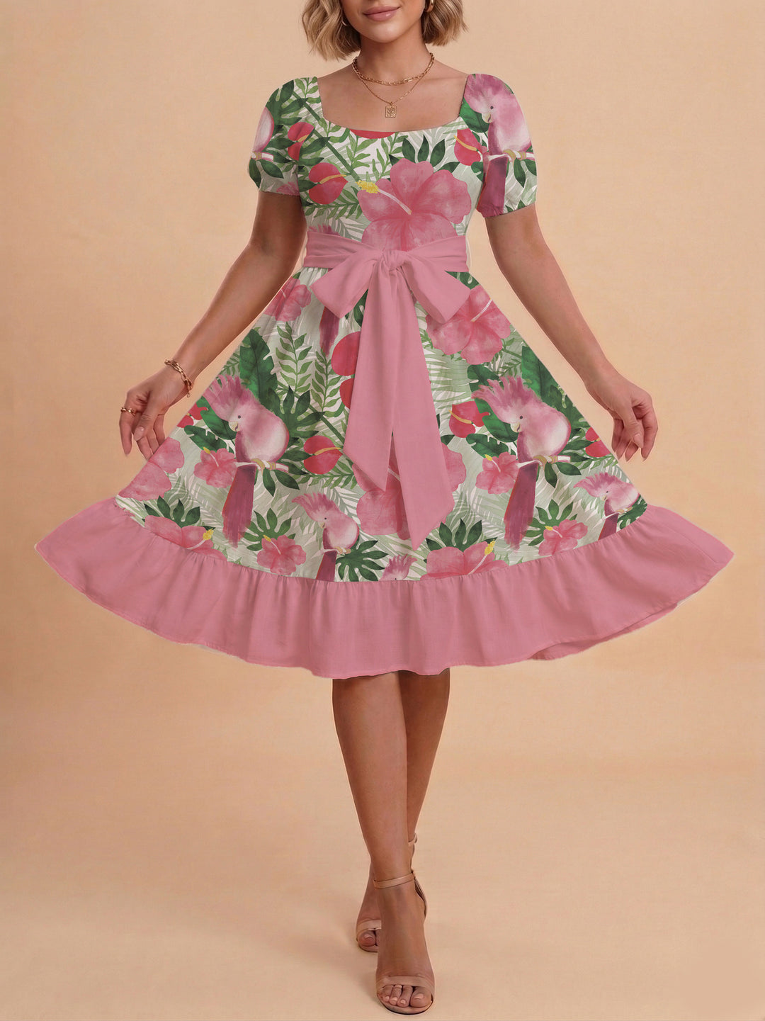 Damen Sommerkleid mit floralem Puffärmel und taillierbarem Gürtel Drune