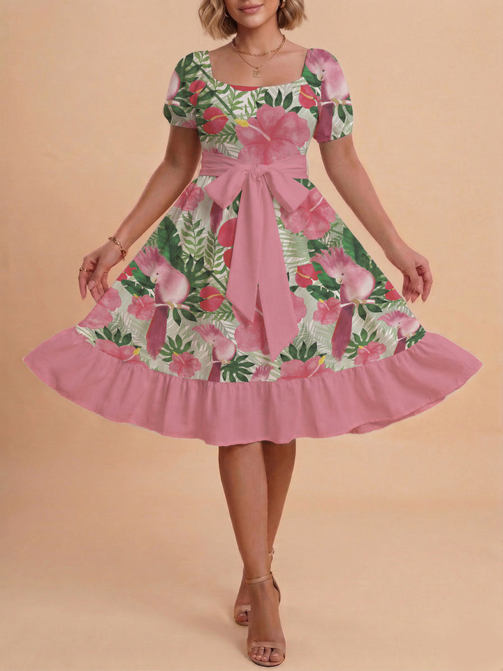 Damen Sommerkleid mit floralem Puffärmel und taillierbarem Gürtel Drune
