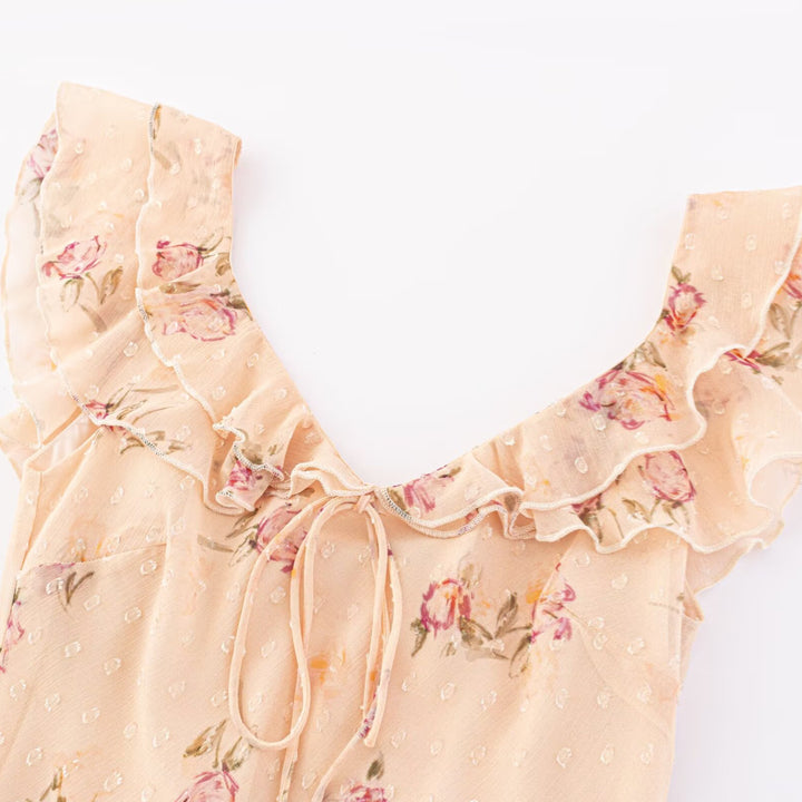 Damen Maxikleid mit floralem Design und eleganten Rüschendetails Drune