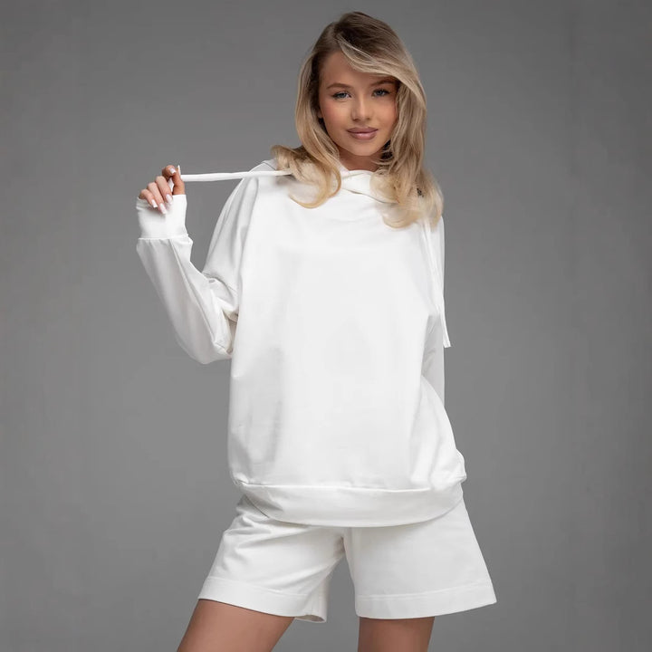Damen bequemer und modischer Hoodie mit lässiger Kängurutasche und Shorts Set Drune