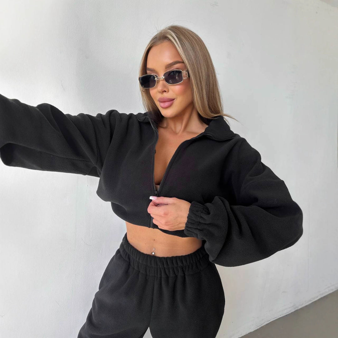 Damen lässiger Fleece Crop-Pullover und Freizeithosen Drune