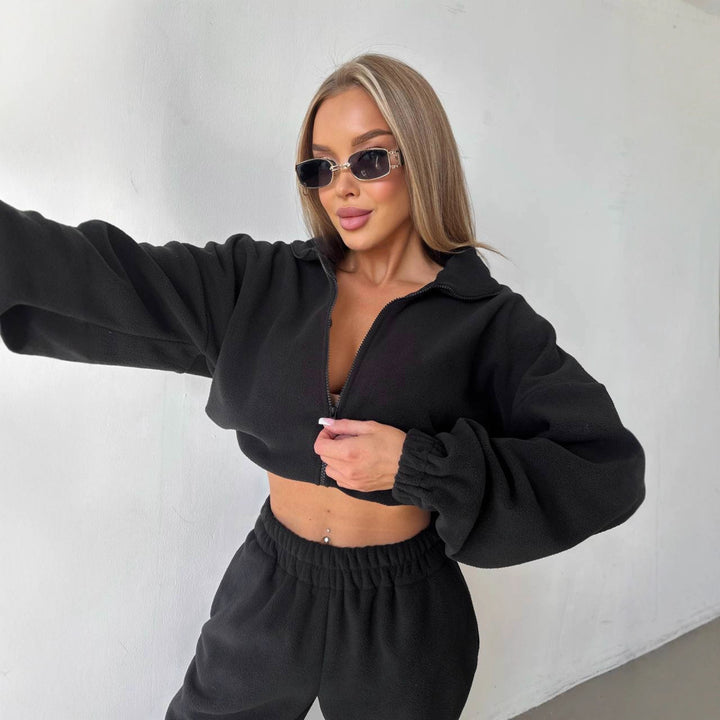 Damen lässiger Fleece Crop-Pullover und Freizeithosen Drune