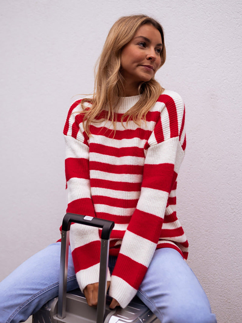 Damen modischer Grobstrickpullover mit auffälligem Streifenmuster Drune