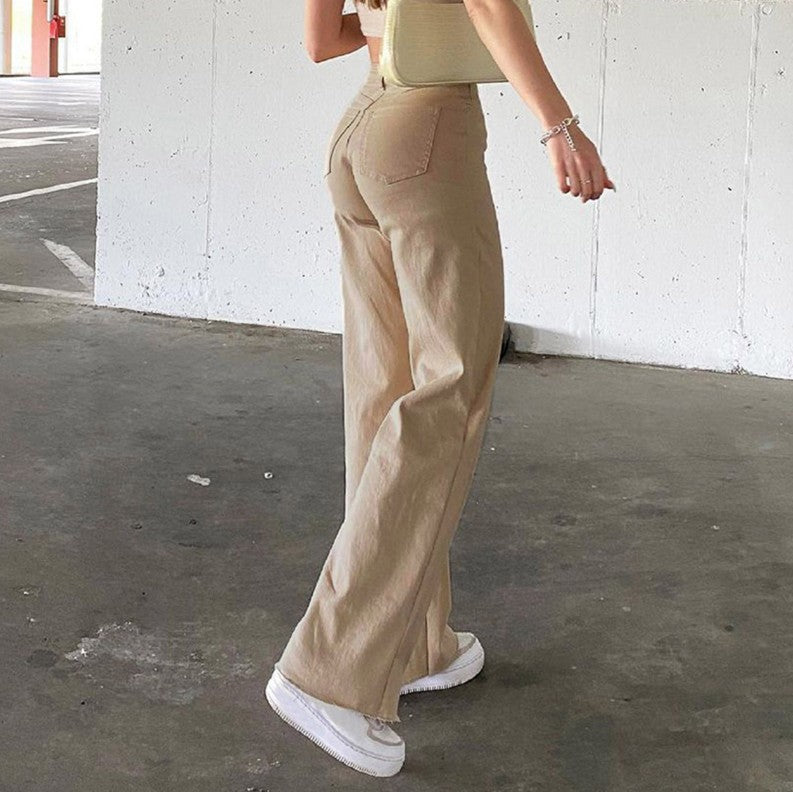Damen nan hochgeschnittene Weitbein-Hose aus Baumwollmix mit verlängertem Bein und Fünf-Taschen-Design Drune