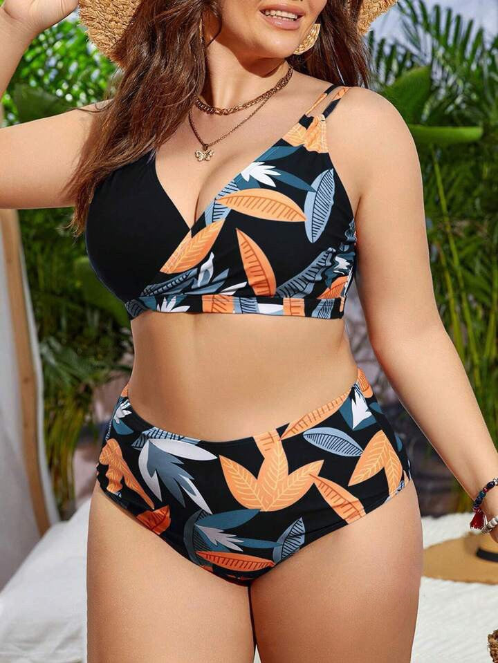 Damen Hochgeschnittener Bikini mit Wickeldesign und floralem Muster Drune