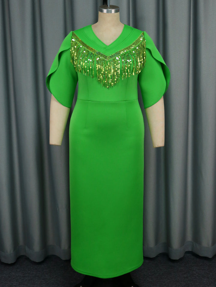 Damen Glamouröses Maxikleid mit funkelndem Fransenkragen Drune