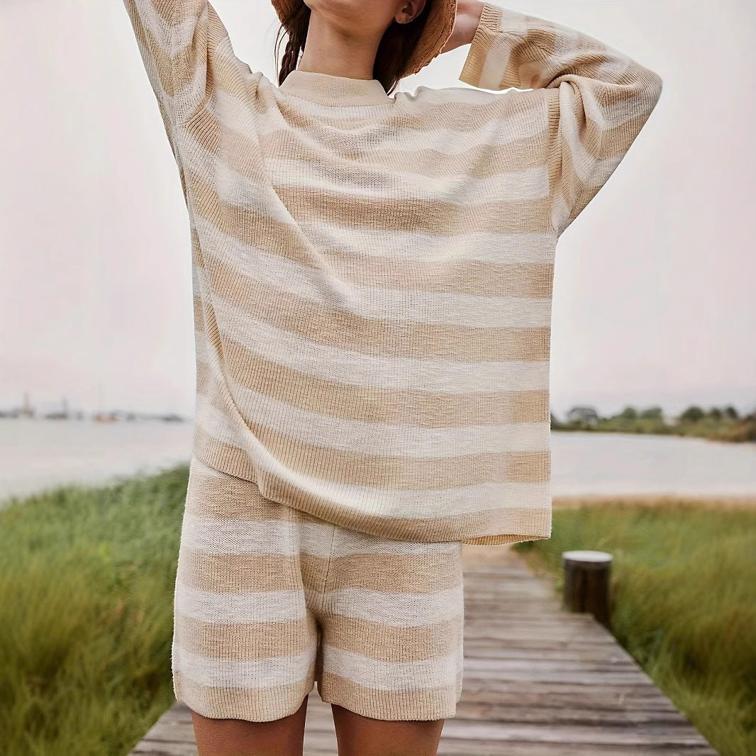 Damen gemütliches Strickset mit Crewneck und Streifenmuster Drune