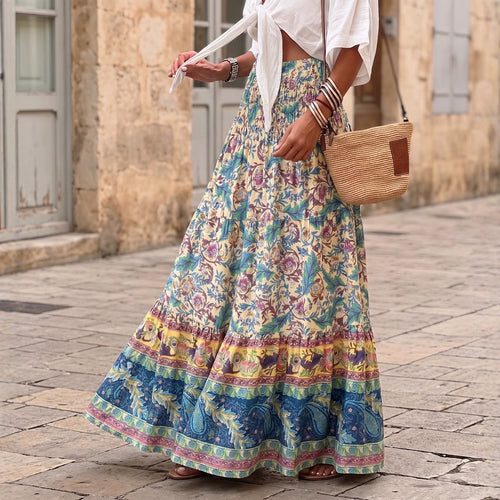 Damen nan gestufter Maxirock mit floralem Print, elastischem Smockbund und Volantkanten Drune