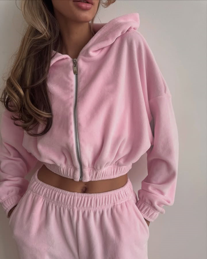 Damen nan Samt-Loungewear-Zweiteiler mit kurzem Frontzip, elastischem Komfortbund und weitem Hosenbein Drune