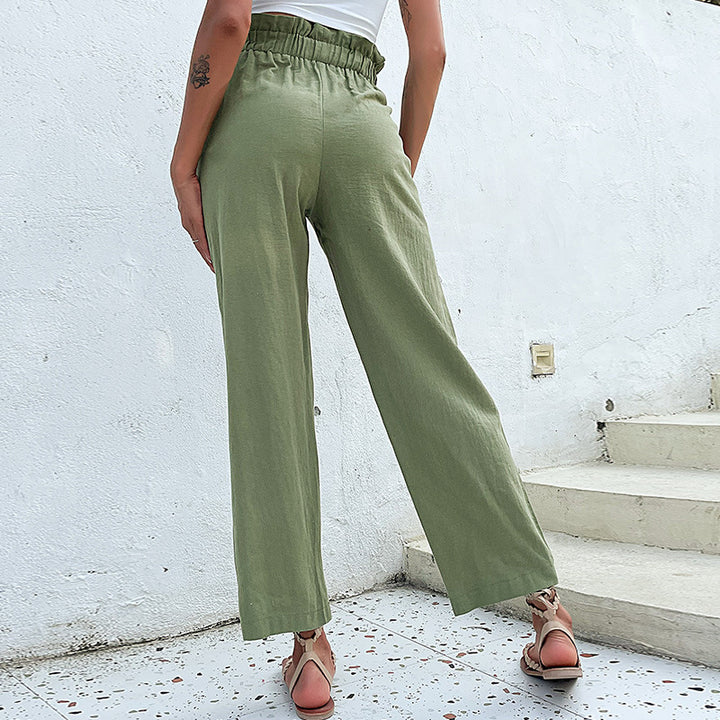 Damen weite Leinenhose mit hoher Taille und dekorativen Knopfdetails Drune