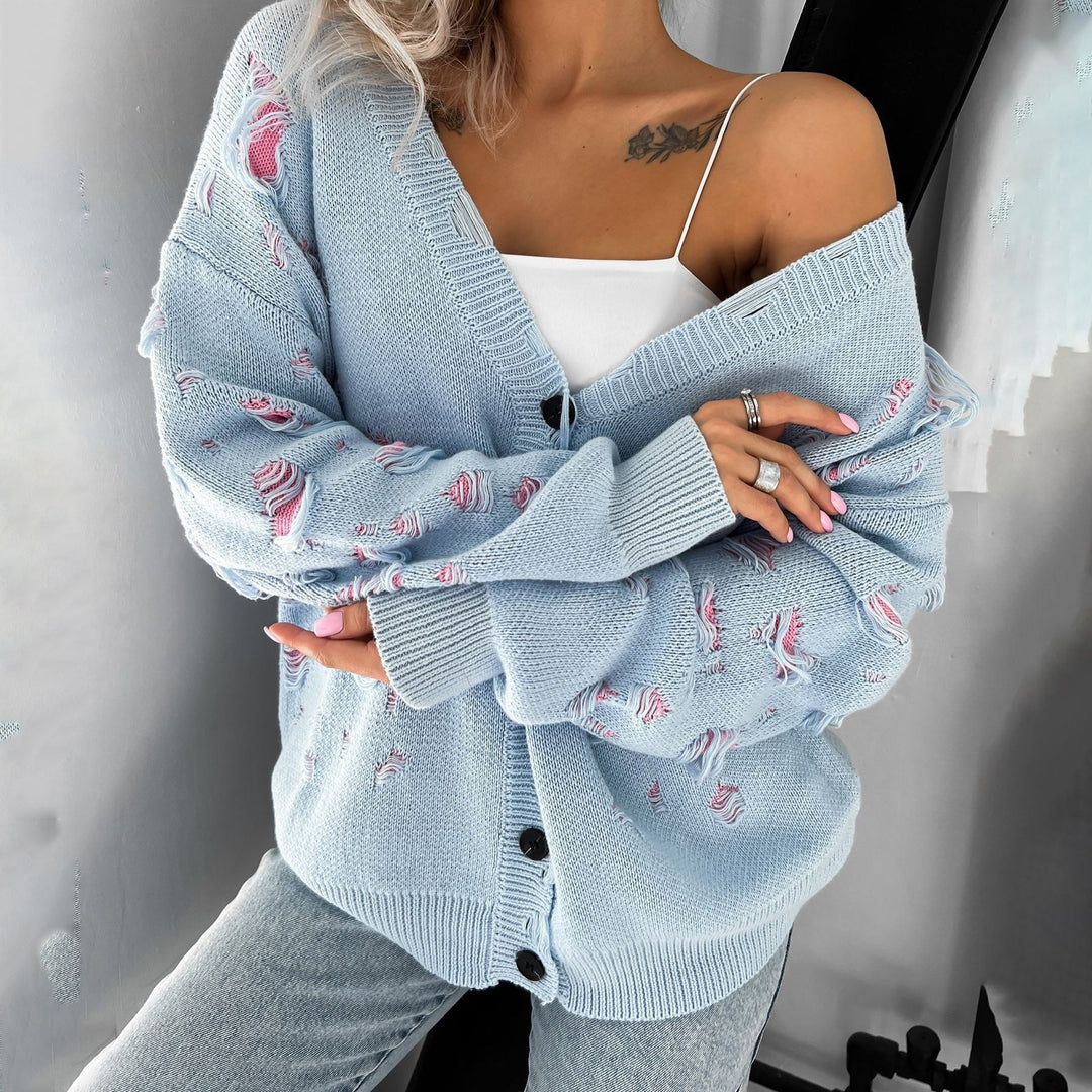 Damen Oversized Strickjacke mit floralem Design und lässigem Schnitt Drune