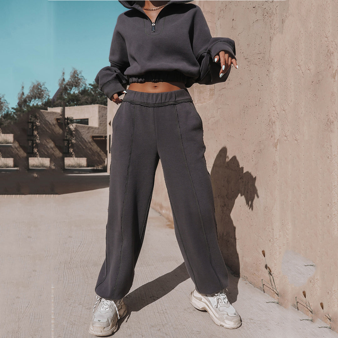 Damen nan kurzes Kapuzen-Sweatshirt mit halbem Reißverschluss elastischem Saum und Kontrastnähten Drune