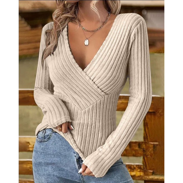 Damen eleganter und figurbetonender Rippenpullover mit V-Ausschnitt Drune