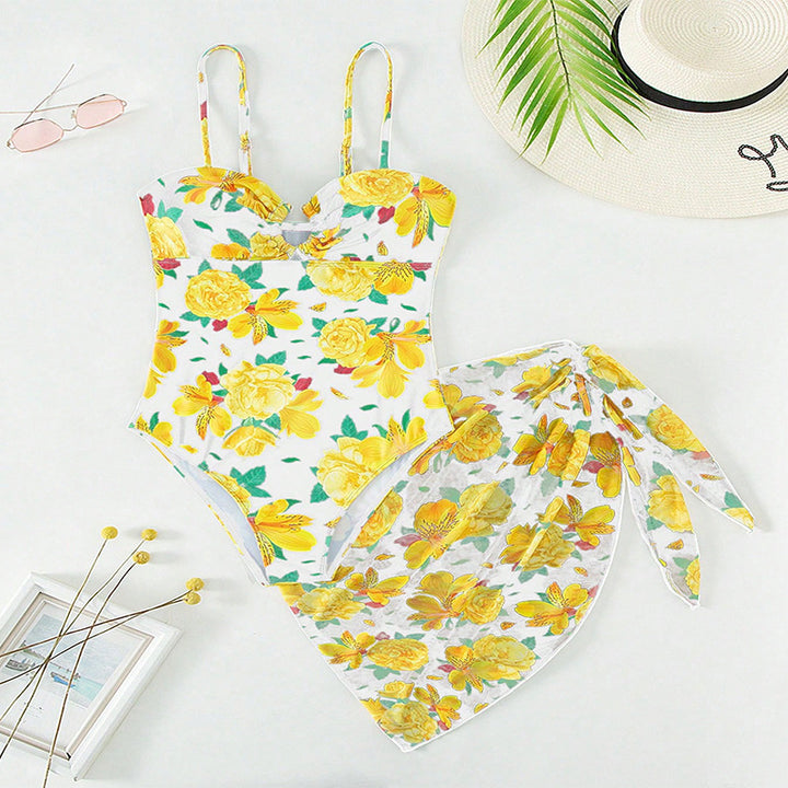 Damen Einteiler Badeanzug mit elegantem Wickelrock und floralem Muster Drune