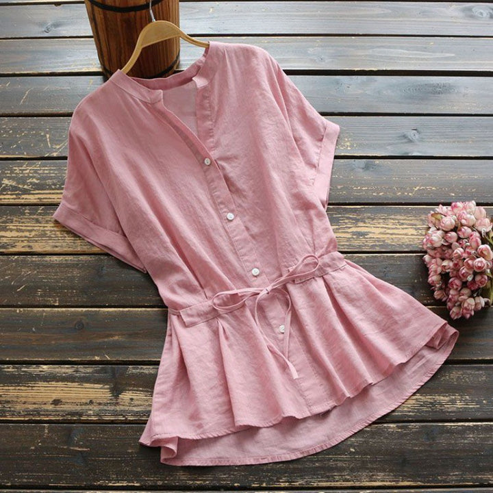 Damen Button-Up Tunika mit tailliertem Design und kurzen Ärmeln Drune