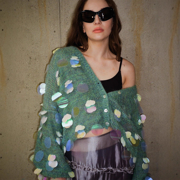 Damen Flauschiger Cardigan mit holografischen Akzenten Drune