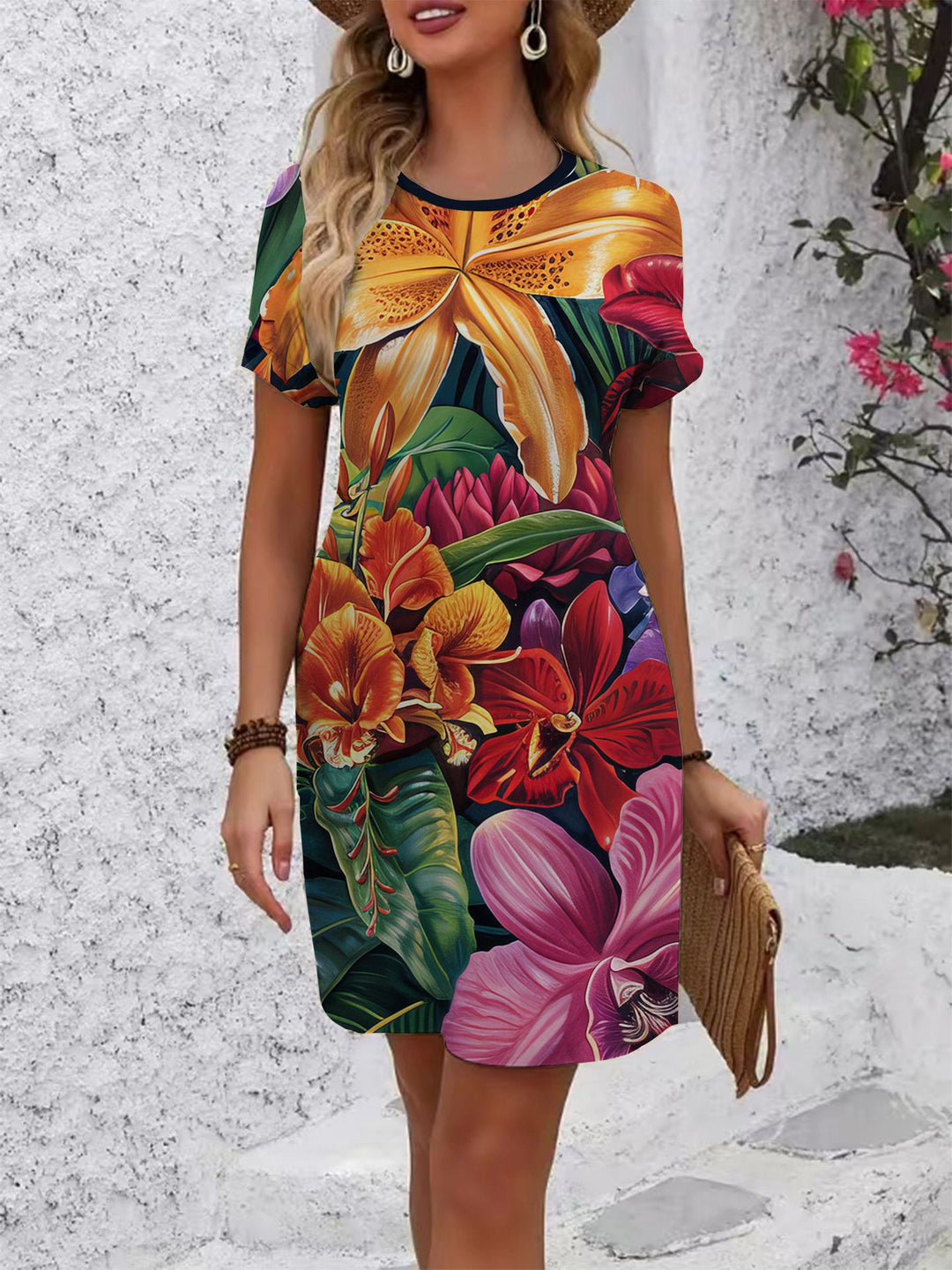 Damen komfortables Freizeitkleid mit lebhaftem Blumenmuster und lockerer Passform Drune