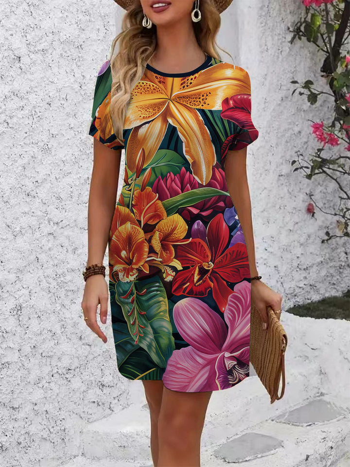 Damen komfortables Freizeitkleid mit lebhaftem Blumenmuster und lockerer Passform Drune