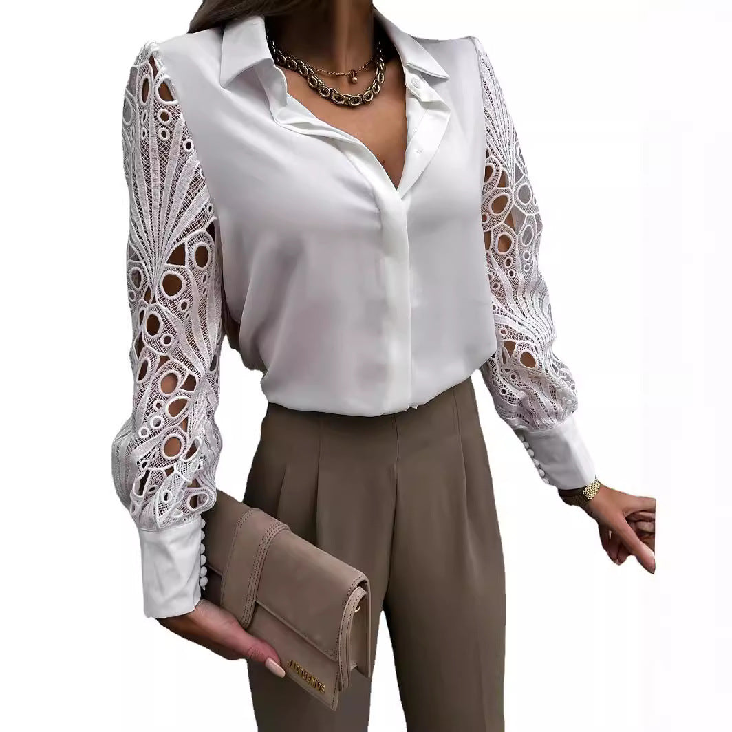 Damen Bluse mit voluminösen Spitzenärmel und elegantem Kragen Drune