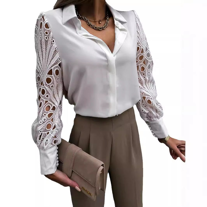 Damen Bluse mit voluminösen Spitzenärmel und elegantem Kragen Drune