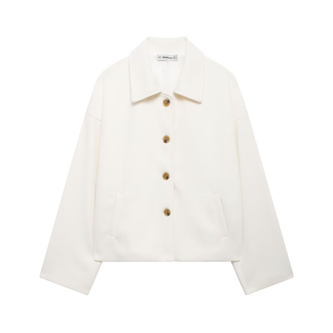 Damen schicke Blousonjacke aus weichem Stoff mit Knopfverschluss und Taschen Drune