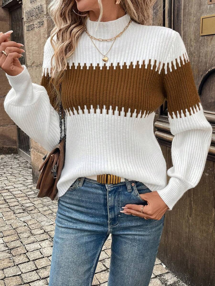 Damen Strickpullover mit lässigem Stehkragen und geometrischem Rippmuster Drune