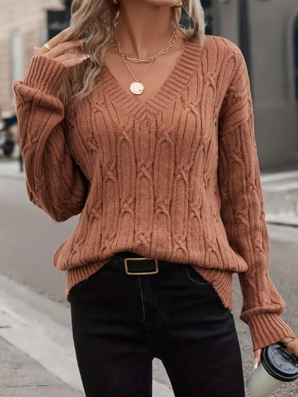 Damen Großer Strickpullover mit lässigem V-Ausschnitt und feinem Zopfmuster Drune