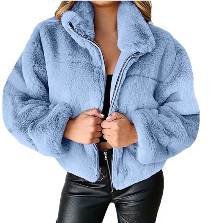 Damen nan kurze kuschelige Kunstpelzjacke mit Stehkragen und Reißverschluss Drune