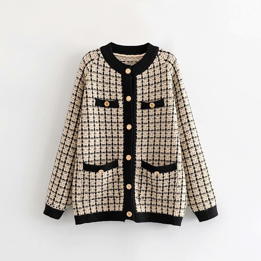 Damen Strickjacke mit Modischem Karomuster und Knopfdetails Drune