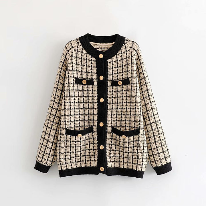 Damen Strickjacke mit Modischem Karomuster und Knopfdetails Drune