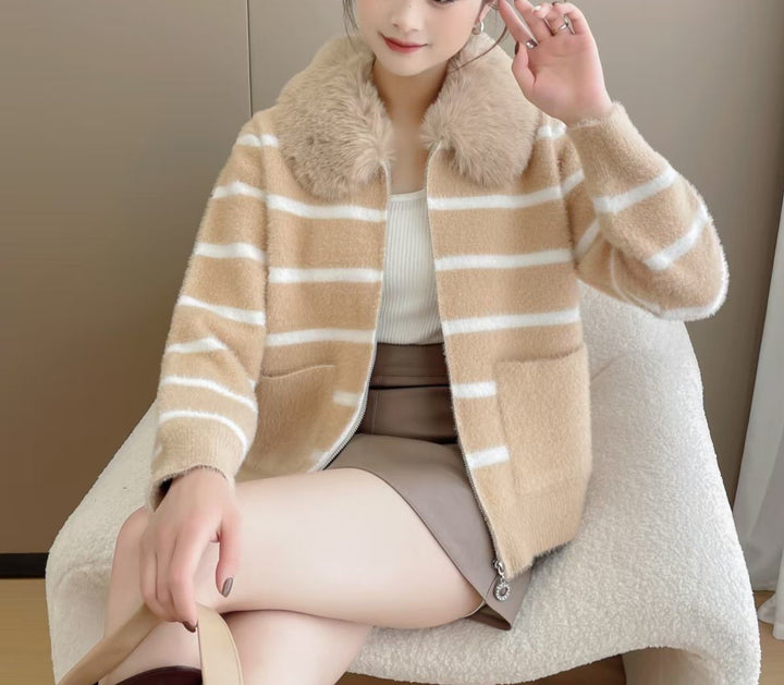 Damen kuschelige Strickjacke mit weich gefüttertem Kragen Drune