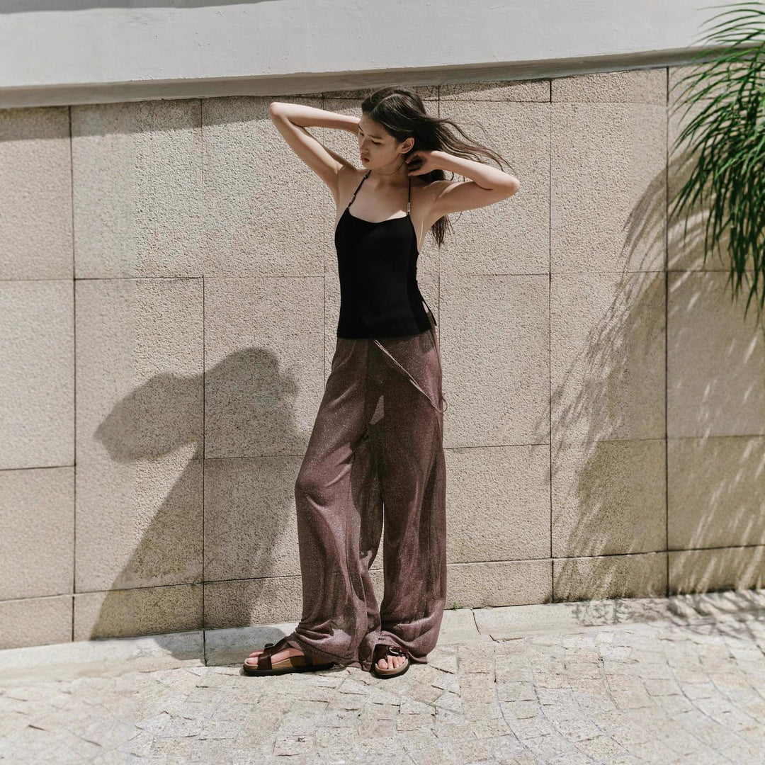 Damen weite Palazzo-Hose mit glitzerndem Effekt und elastischem Bund Drune