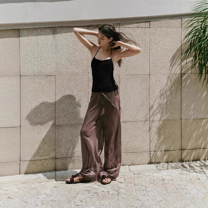 Damen weite Palazzo-Hose mit glitzerndem Effekt und elastischem Bund Drune
