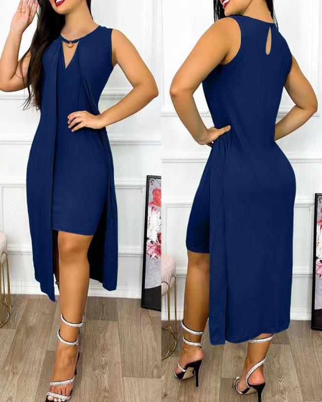 Damen Sommerliches Maxikleid mit elegante Raffung und Schlüssel-Ausschnitt Drune