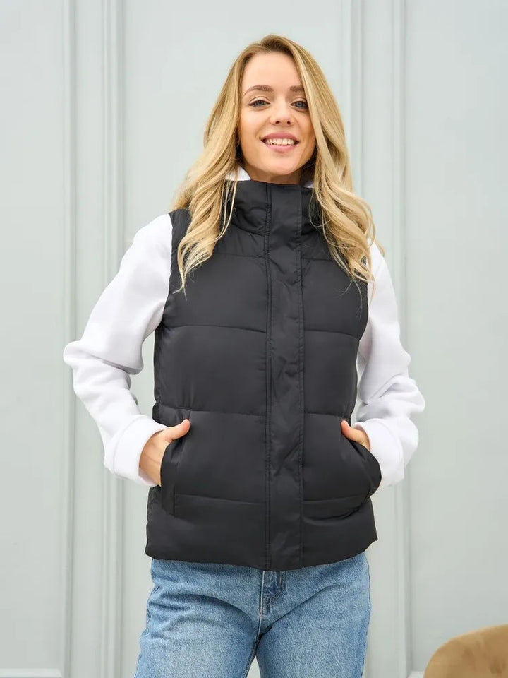 Damen elegante Steppweste mit hohem Kragen und praktischen Taschen Drune