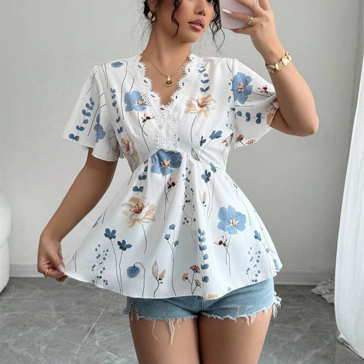 Damen elegantes Blusenshirt mit floralem Muster und Spitzenakzenten Drune