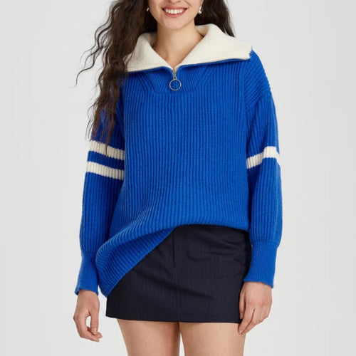 Damen lässiger Strickpullover mit Stehkragen und dekorativen Streifen Drune