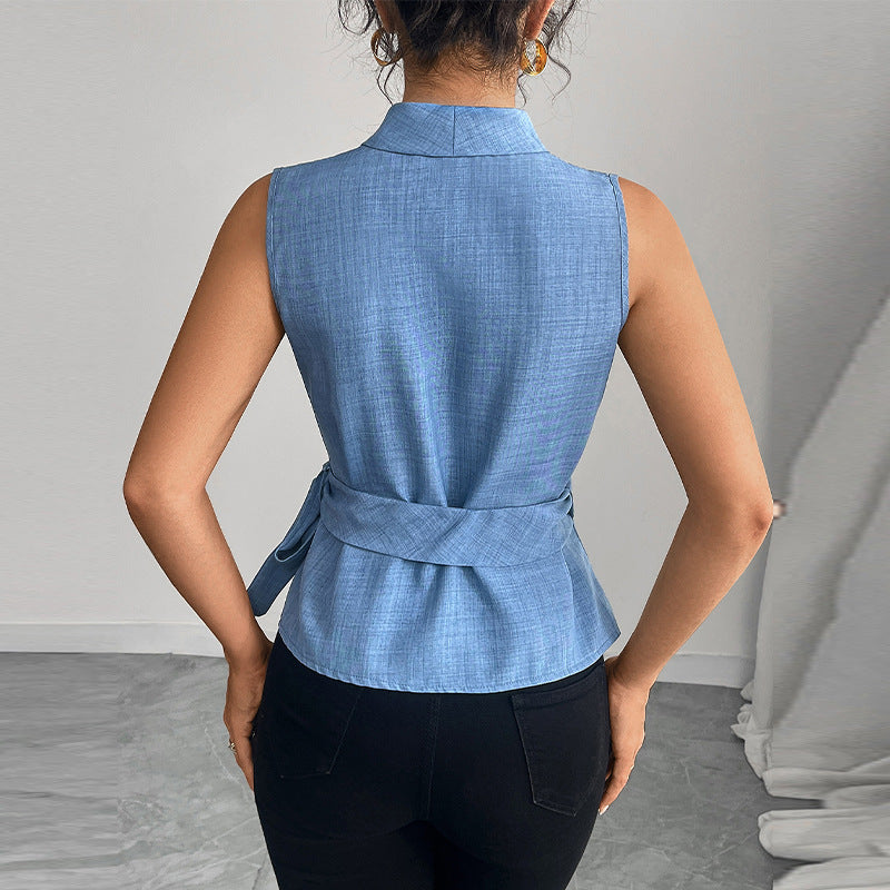 Damen elegantes Wickeloberteil mit modischem Kragen und tailliertem Schnitt Drune