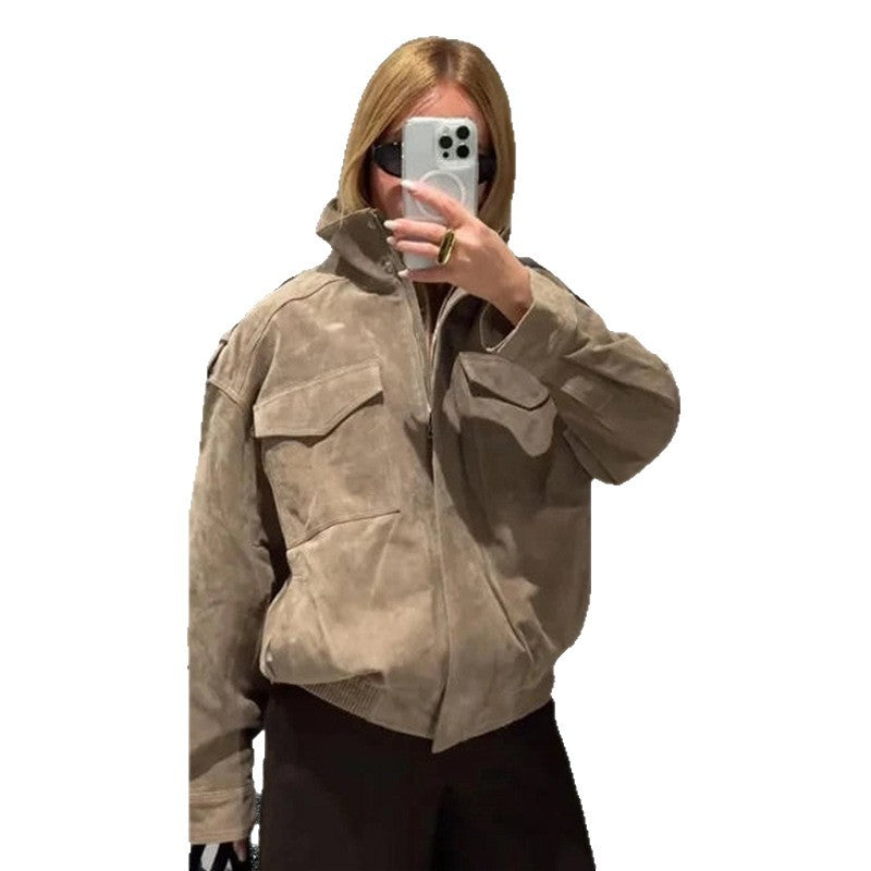 Damen Modische Oversized-Wildlederjacke mit praktischen Taschen und hohem Kragen Drune