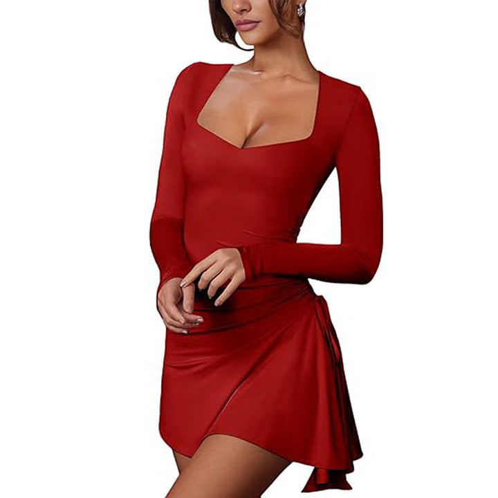 Damen figurbetontes Minikleid mit tiefem V-Ausschnitt und Raffung Drune