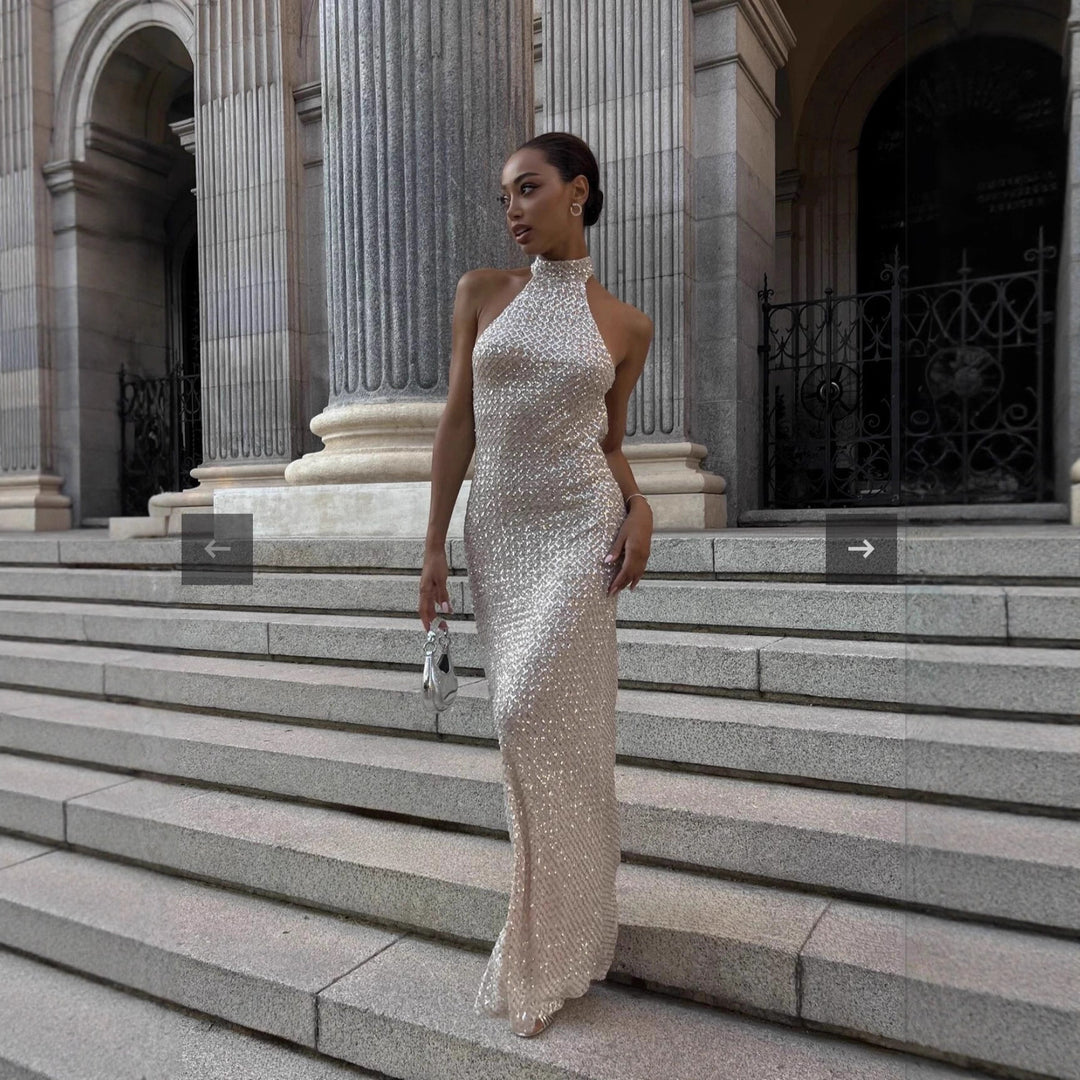 Damen glamouröses Langkleid mit funkelndem Paillettenbesatz Drune