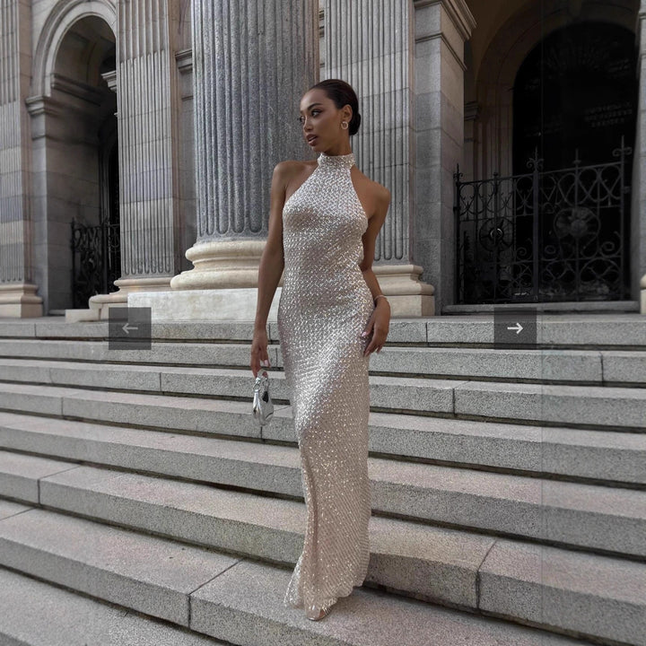 Damen glamouröses Langkleid mit funkelndem Paillettenbesatz Drune