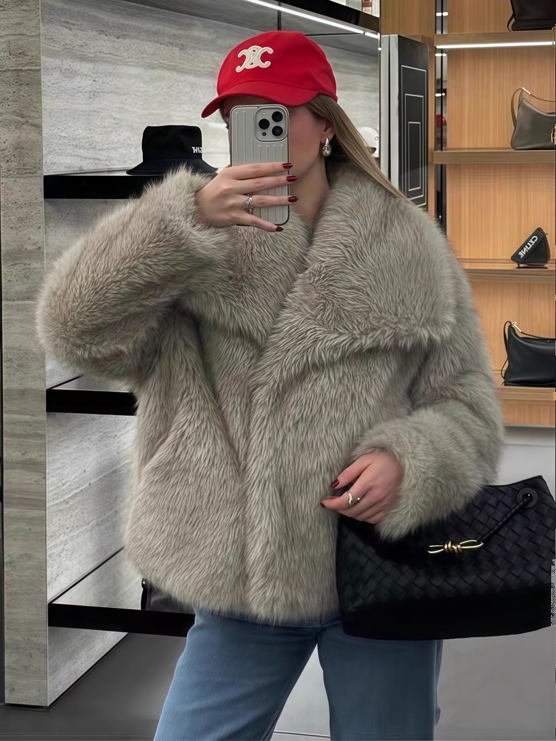 Damen Kunstpelzjacke mit luxuriösem Schnitt und weitem Kragen Drune