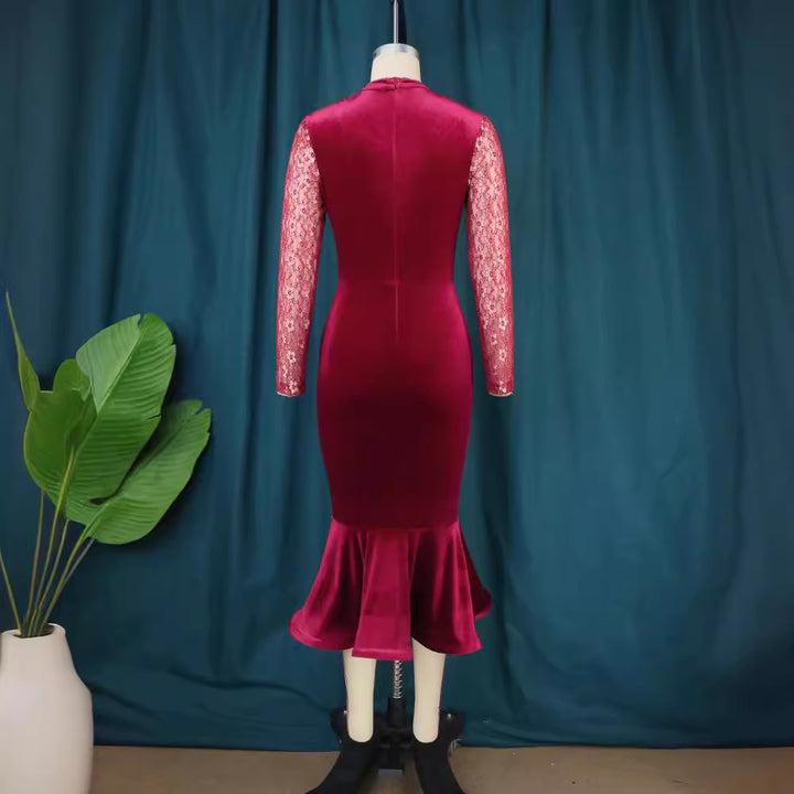 Damen Elegant Fit-and-Flare Kleid mit Spitzenärmeln Drune