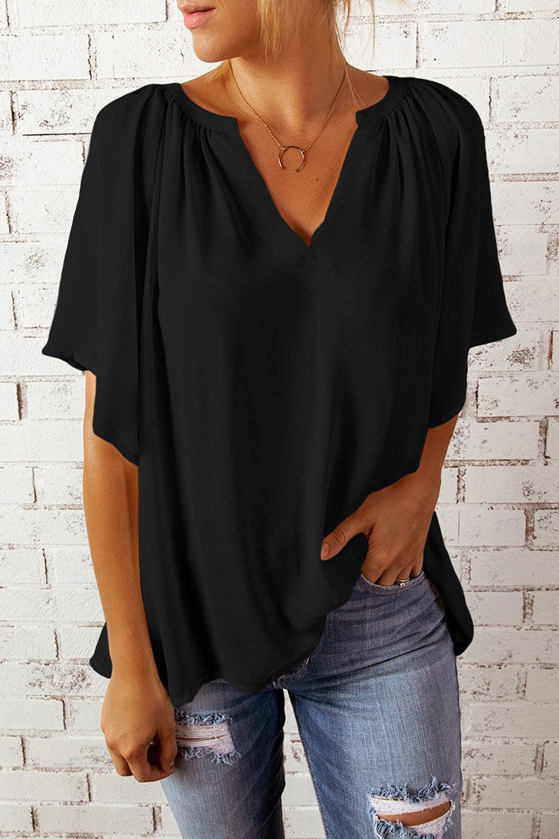 Damen luftige Bluse mit V-Ausschnitt und sanftem Faltenwurf Drune