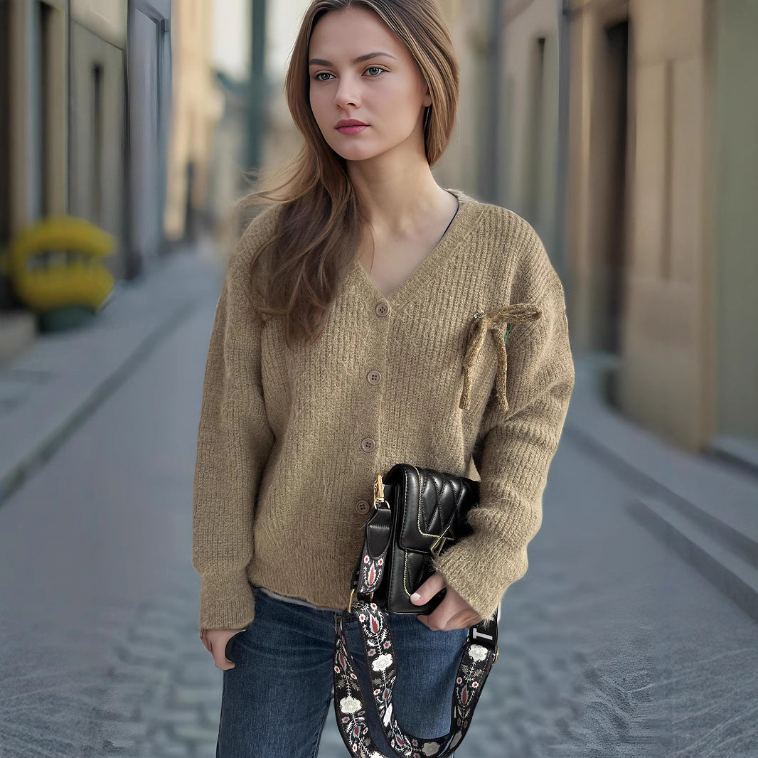 Damen gemütlicher Strickcardigan mit feiner Struktur und dekorativen Knopfdetails Drune