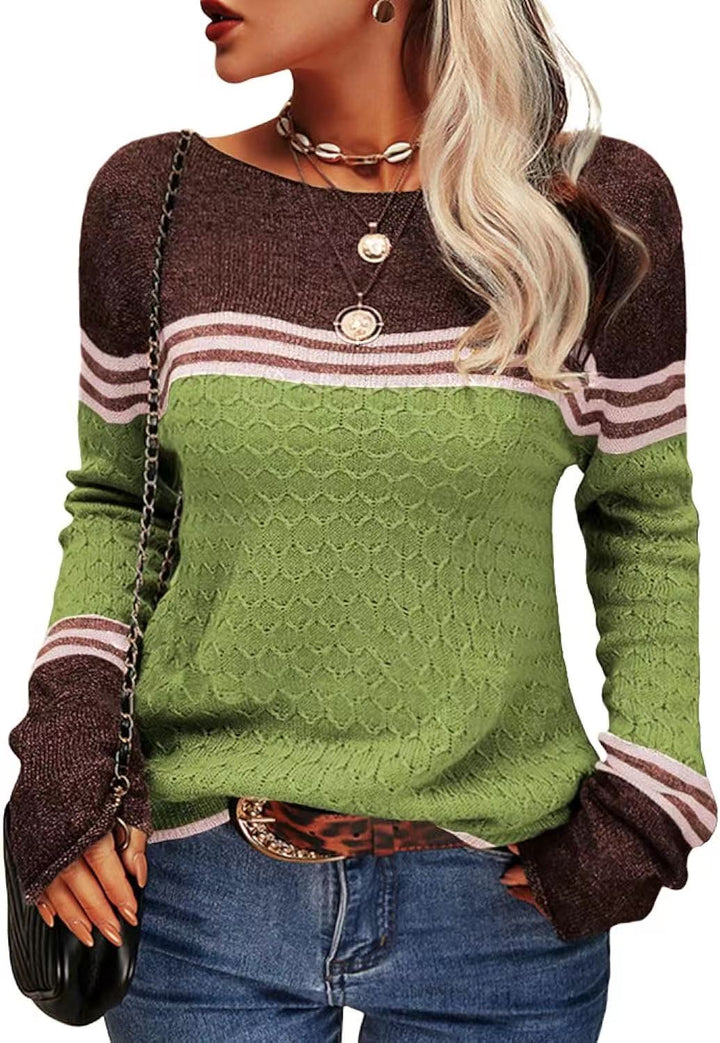 Damen lässiger Strickpullover mit kontrastierenden Farbblöcken und einzigartiger Textur Drune