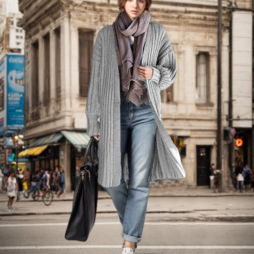 Damen Langer Strickmantel mit eleganten Rippstrukturen und weitem Schnitt Drune