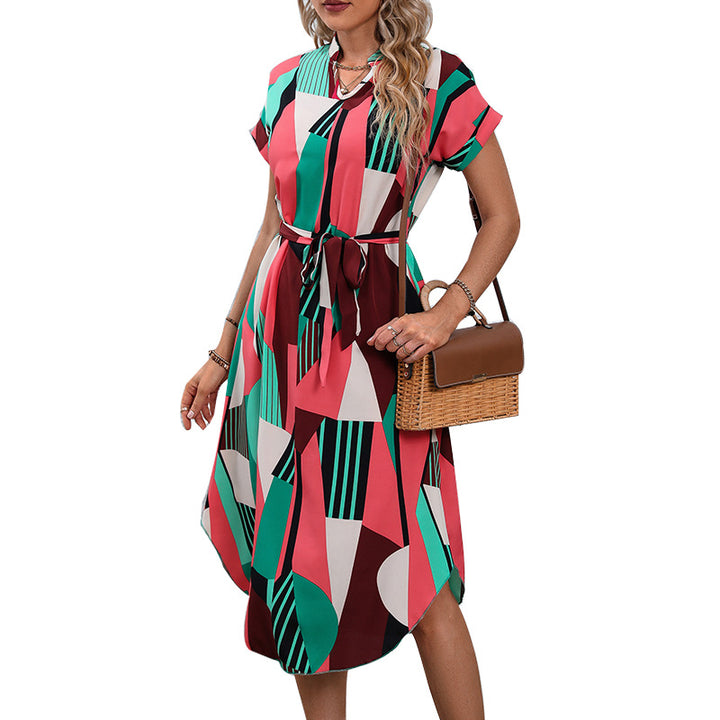 Damen Maxikleid mit geometrischem Design und Taillengürtel Drune